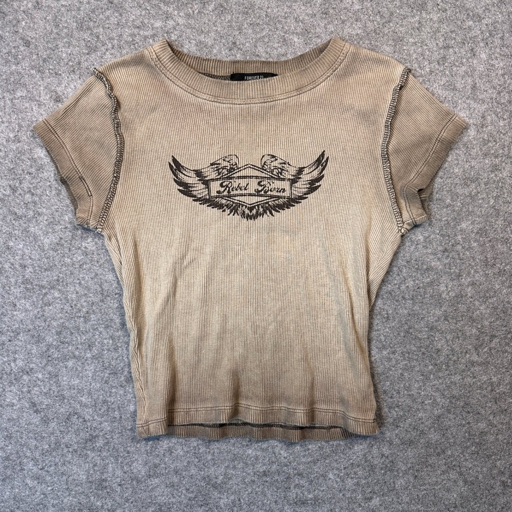 Forever 21 Rebel Born Graphic Ribbed Tee Tan Khaki Y2K Crop Top Women's Small